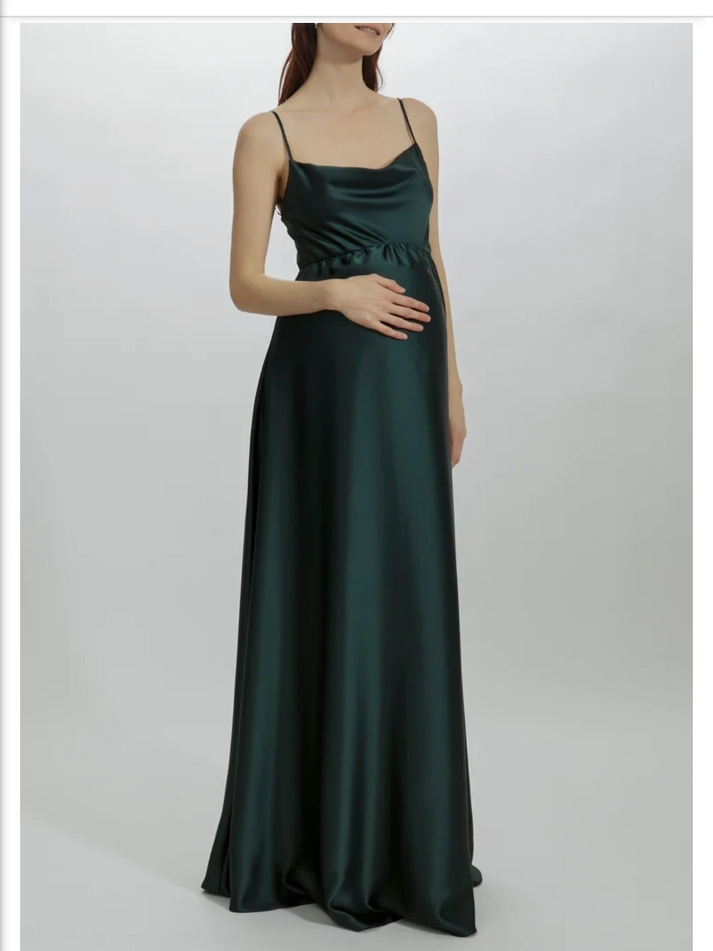 Amsale Pauline Cowl Neck Maternity Dress in Hunter Green Fluid Satin